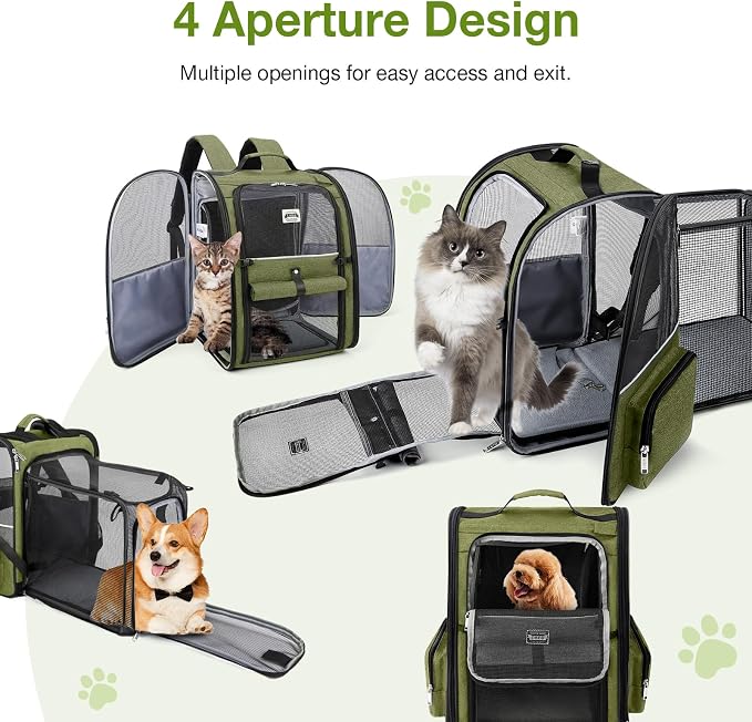Large Cat Backpack Carrier Expandable Pet Carrier Backpack for Small Dogs Medium Cats Fit Up to 18 Lbs, Dog Backpack Carrier, Foldable Puppy Backpack Carrier for Travel,Dark Green, Large