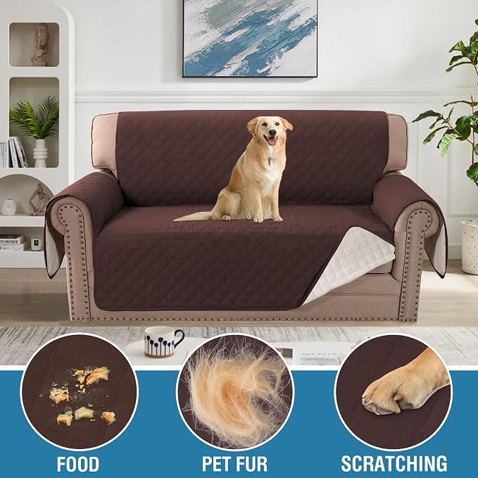 H.VERSAILTEX Loveseat Covers Couch Cover for Dogs with Elastic Straps 100% Waterproof Furniture Protector for Pets Sofa Cover 2 Cushion Couch(Loveseat, Chocolate)