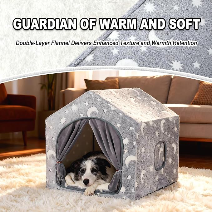 Indoor Dog House, Soft Warm Glow Dog Cave for Medium & Large Dogs | Warm Plush Dog Cave Bed with Sturdy Frame, Machine Washable, Non-slip, for Indoor Dogs and Cats