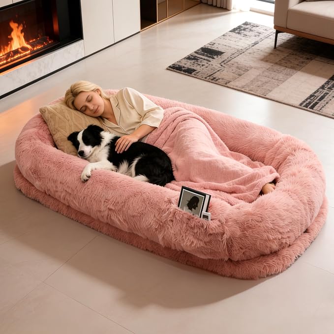 Human Dog Bed with Pillow & Blanket - 71 × 45 × 12 Inch | Oversized Pet Bed for Large Dogs, Leak-Resistant Washable Dog Couch Bed for People and Dogs Soft Long Pet Sofa Pink