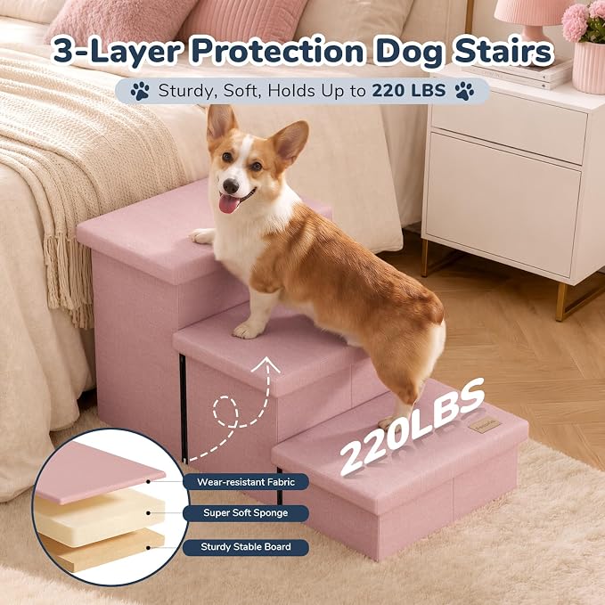 3-Step Wide Dog Stairs with Hidden Storage 18" H, Non-Slip Dog Steps for High Bed Couch Window Car, Jiont-Friendly Pet Stairs Ramp for Small/Medium/Large Old Dogs Cats Up to 200lbs, Pink