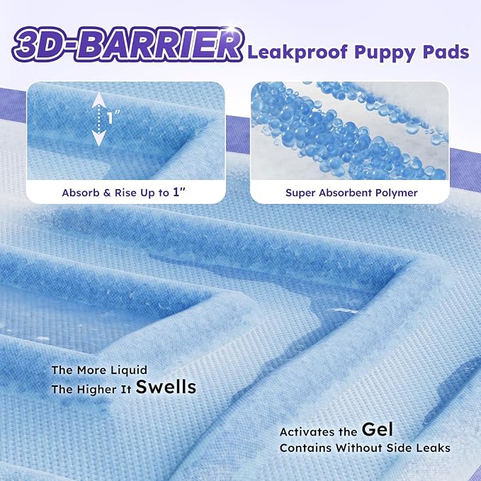 ZOMISIA 3D-Barrier Puppy Pee Pads for Dogs, 12 Cups Absorb & Rise Puffy Gel-Wall Leak-Proof, 26"x30" 50 Counts + 8 Pet Urine Test Strips, Super Absorbent Disposable Potty Training Pads