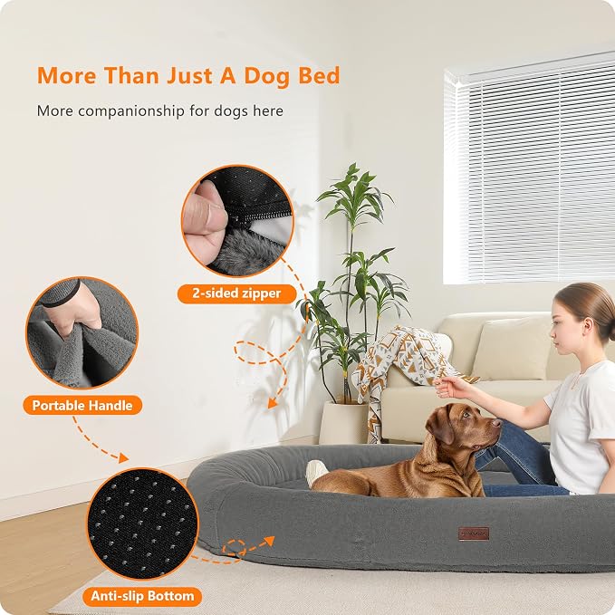 Human Dog Bed for Adult, Orthopedic Gel Memory Foam, 71"x47"x9" | Human Dog Bed Fits Adult & Pets, Reversible Egg-Crate Foam Cushion, Washable Pet Bed with Blanket, Cement Grey