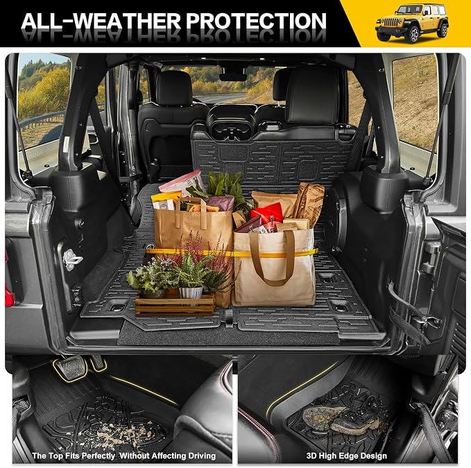 Cargo Mats for 2018-2025 Jeep Wrangler JL 4X4 Floor Liners with Trunk Mat Backrest Mat All Weather TPE Protector Rear Floor Trunk Liners for 18-25 Wrangler JL 4X4 4 Door Accessories