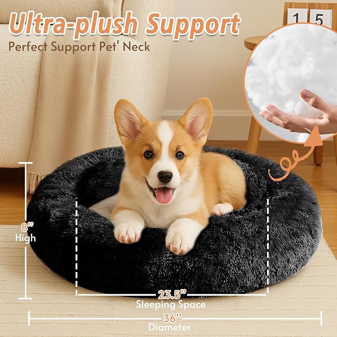JOLLYVOGUE Calming Dog Beds Large Sized Dog, 36in Donut Washable Large Pet Bed, Anti-Slip & Anti-Anxiety Fluffy Faux Fur Round Dogs Bed, Fits up to 80 lbs Pets (Black)