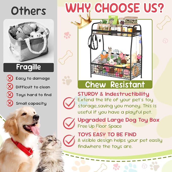Kaiferty Indestructible Large Dog Toy basket, Toy Box for Dogs,Pet Toys Bin Dog Metal Wire Basket for Toys, Food Storage, Storage Organizer Chest Storage, Toy Box for Living Room Area (Black)