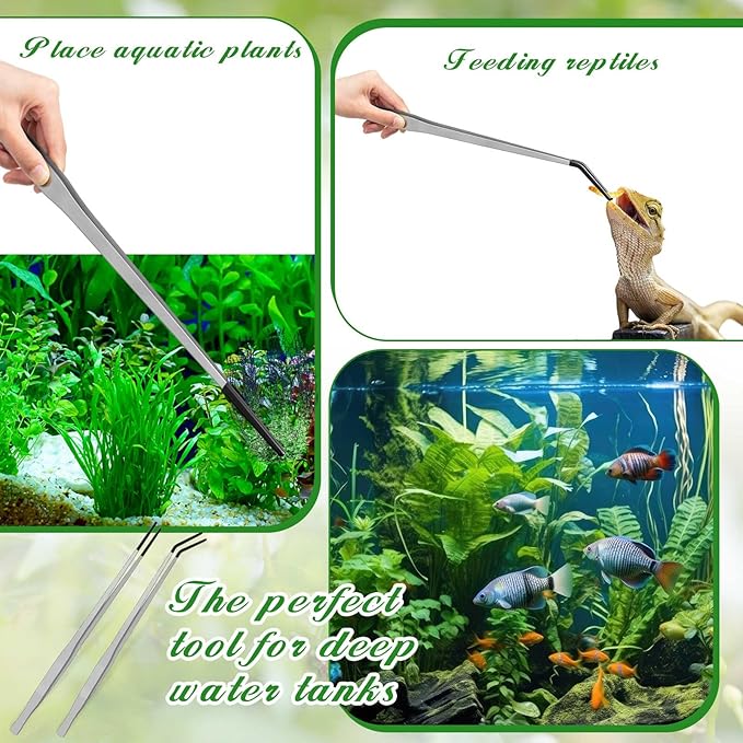 Lasnten 2 Pcs Extra Long Stainless Steel Reptile Feeding Tongs with Rubber Tip 18.5 Inch, 18.9 Inch Bearded Dragon Aquarium Straight and Curved Long Tweezer Terrarium Feeder Tool for Tank(Silver)