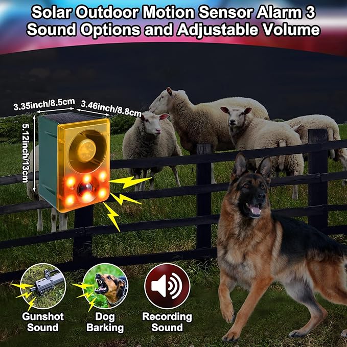Qualirey Solar Outdoor Motion Sensor Alarm with Stake Gunshot Sound Dog Barking, 3 Modes Support Recording & Adjustable Volume USB Charging 129 dB Loud Noise Maker for Animal Deterrent (8 Pcs,Yellow)