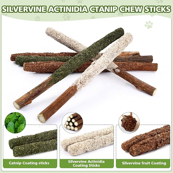 WOUSEDO Catnip Chew Toys for Cats, 24 Pack Cat Toys with Silvervine Sticks, Natural Silvervine Stick Cage Balls & Bell Balls for Indoor Cats