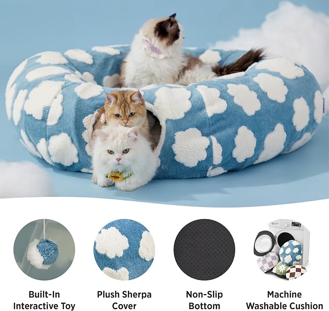 Lesure Donut Cute Jacquard Large Cat Tunnel Bed Kitten Toys for Dog Bunny | 39.5x39.5x10in,Round Large Cat Bed Tube for Multi Kittens,Pet Peekaboo Cave Toy,Spiral Hideaway,Washable Cushion,Blue