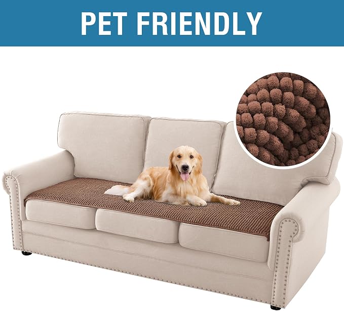 H.VERSAILTEX Plush Chenille Couch Cover for 3 Cushion Couch Anti Slip Washable Sofa Slipcovers Soft and Durable Furniture Protector for Dogs Cats Kids (27.5" x 82", Caramel)