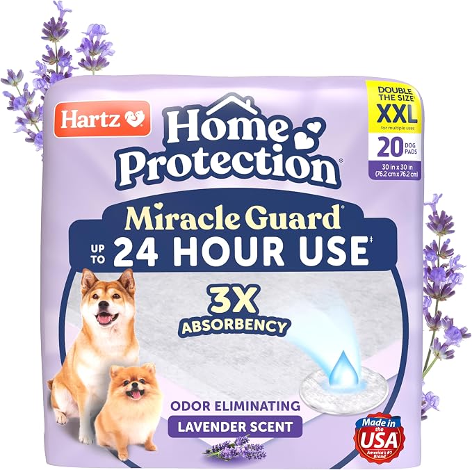 Hartz Miracle Guard Dog and Puppy Dog Pads Max Absorbency 24 Hour Use Odor Eliminating Lavender Scented No Leaks, 2XL Size 20 Count