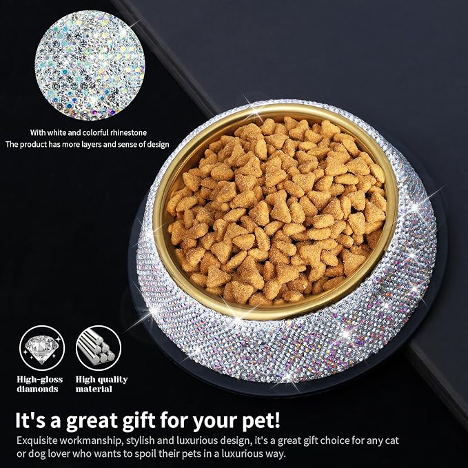 Sparkly Full Rhinestones Designed Gold Stainless Steel Pet Bowl - Stylish and Practical Diamond Food Water Dishes Bowls for Small Medium Large Dogs Cats Rabbits