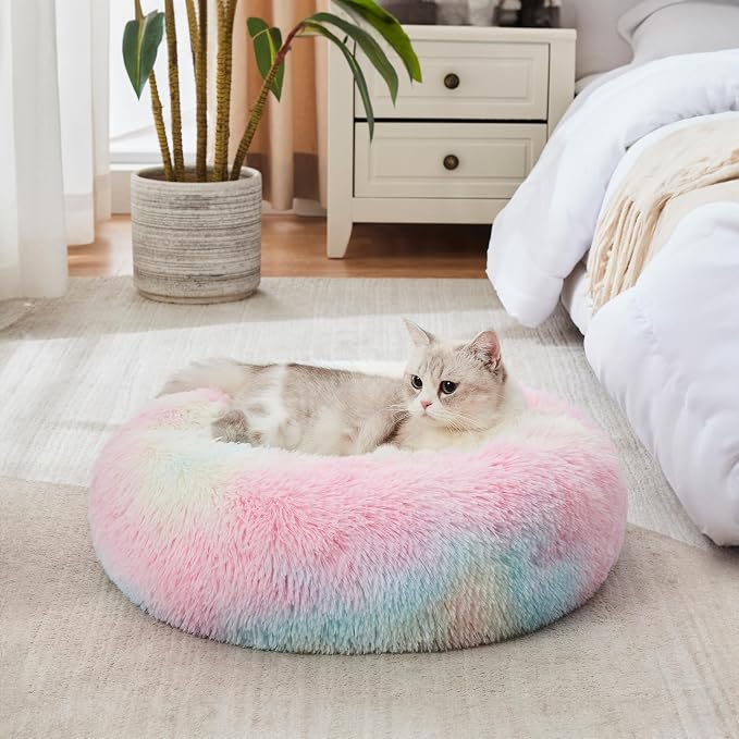 Western Home Calming Donut Cat Bed Small Dog Bed Washable,20" Rainbow | Fluffy Faux Fur Round Cuddler,Anti-Anxiety,Anti-Slip Bottom,Self-Warming Pet Bed for Small Dog&Kitten&Puppy,Up to 12 LBS