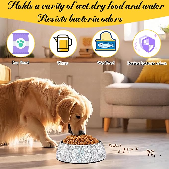 SlowVibes Bling Stainless Steel Dog Cat Bowl, Detachable, 18 oz | Rhinestone metal food or water bowl for medium large dogs and cats, rust-resistant non-slip puppy dish, sparkle pet essential