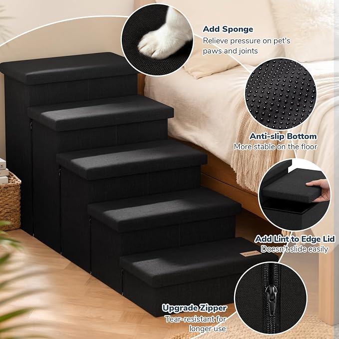 5-Step Wide Dog Stairs with Storage 23" H, Non-Slip Sturdy Pet Steps for High Bed Couch Window, Pet Stairs for Small/Medium/Large Old Dogs Cats Up to 260lbs, Cat Dog Steps for Car/SUV, Black