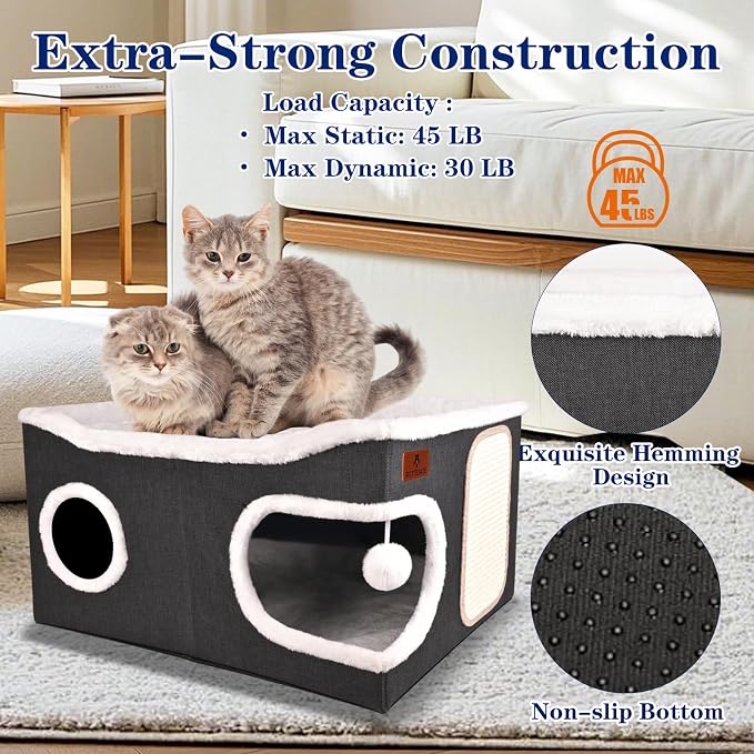 Extra Large Cat Beds for Indoor Cats, Covered Cat Cave Beds & Furniture with Scratch Pad and Fluffy Ball, Foldable Cat Condo with Reversible Cushion for Multi Small Pet Large Kittens, Dark Grey