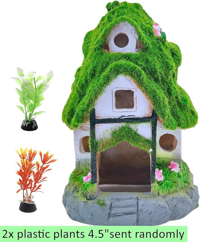 M2cbridge Aquarium Decorations Fish Hideout House Betta Cave Landscape Garden Decoration with Green Lifelike Moss (Garden Shed)