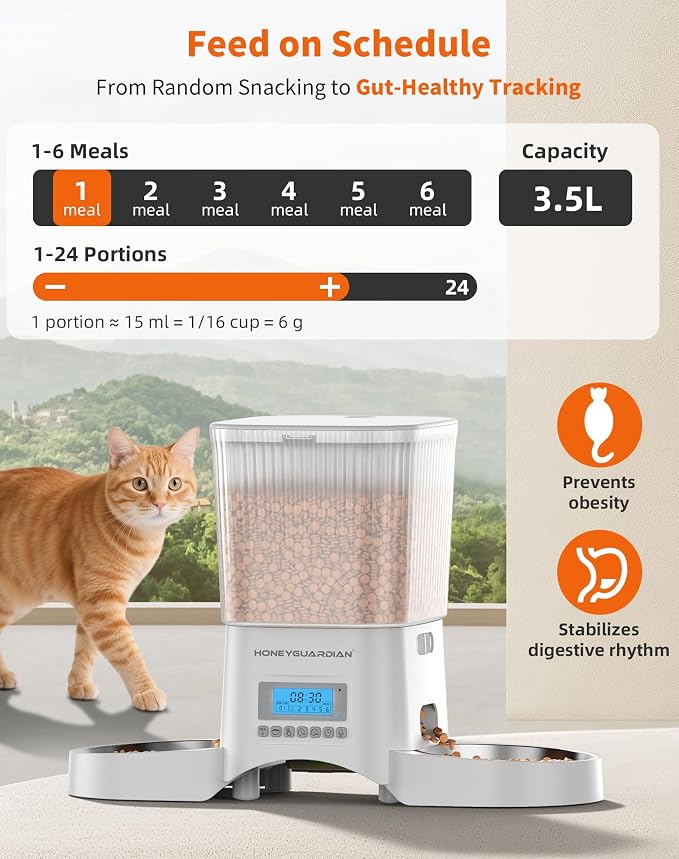 HoneyGuaridan Automatic Cat Feeder for 2 Cats,Automatic Cat Food Dispenser,Timed Pet Feeder for Cats and Dogs,Desiccant Bag, Programmable Portion Control,10s Voice Recorder