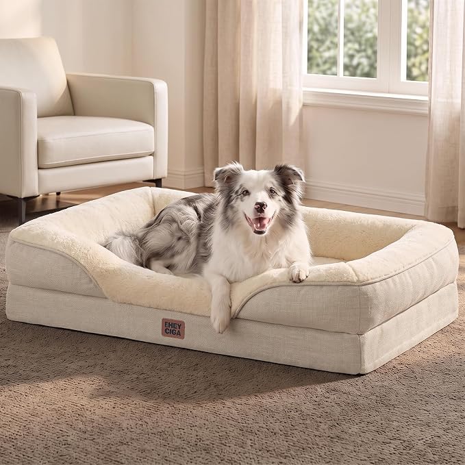 EHEYCIGA Orthopedic XL Dog Bed for Large Sized Dog, 42x30 Inch Extra Large Memory Foam Dog Couch Bed with Sides, Waterproof Liner & Washable Removable Cover, Bolster Pet Sofa, Beige