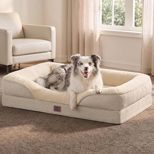 EHEYCIGA Orthopedic XL Dog Bed for Large Sized Dog, 42x30 Inch Extra Large Memory Foam Dog Couch Bed with Sides, Waterproof Liner & Washable Removable Cover, Bolster Pet Sofa, Beige