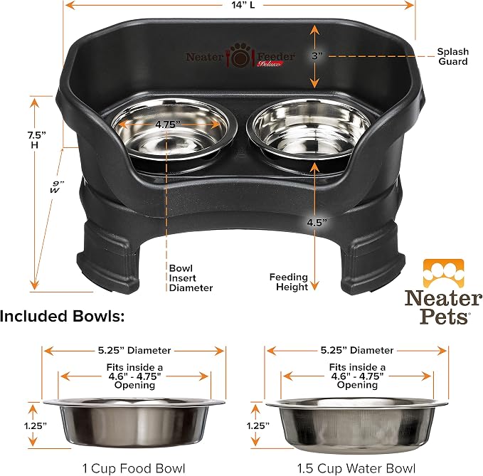 Neater Feeder Deluxe Mess-Proof Elevated Cat Bowls, 2 Height Adjustable (6” & 7.5”) No-Spill Raised Cat Bowl Stand, Whisker Friendly Stainless Steel Dishes for Indoor Cats, Made in USA, Black