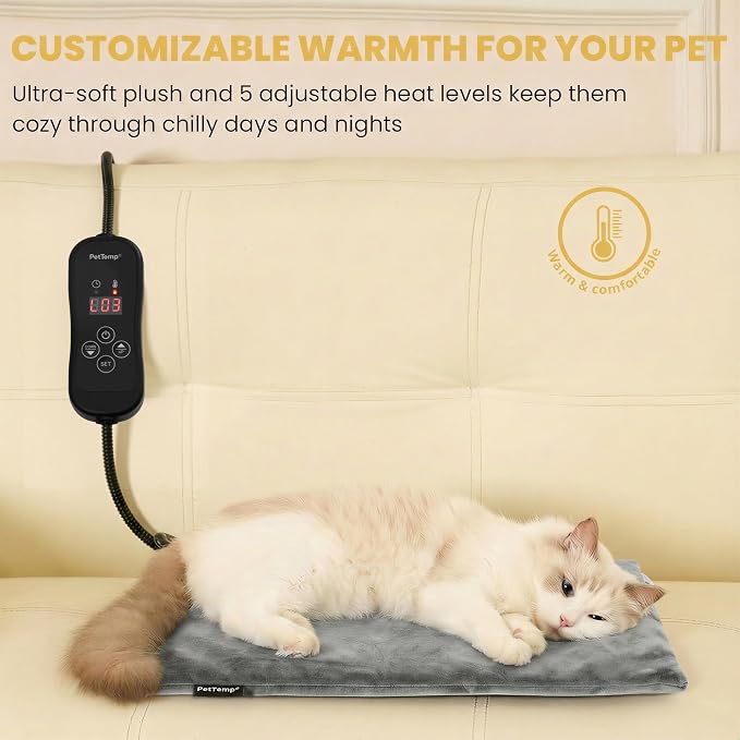 Cat Heating Pad, Heated Cat Bed with 5 Heat Levels, Timer & Auto Shut-Off, Waterproof Warmer with Thick Fleece Cover, Chew-Resistant Cord, for Indoor & Sheltered Outdoor Use (Gray, Small)