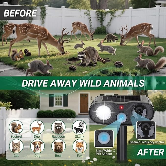 2026 Solar Ultrasonic Cat Repellent, Deer Repellent Devices Outdoor, 4Pack Solar Animal Repeller Motion Detection Cat Squirrel Dog Repellent Deterrent with LED Flash Lights for Yard (Black)