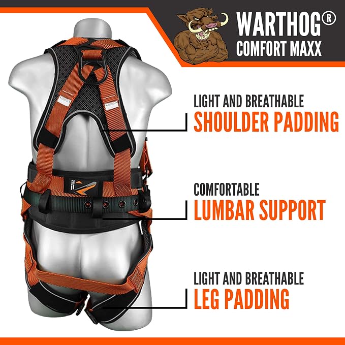 Warthog Comfort MAXX - Safety Harness for Construction – Fall Protection Equipment with Removable Belt and Lumbar Support, Side D-Rings, and Padding, OSHA & ANSI Compliant (S-M)
