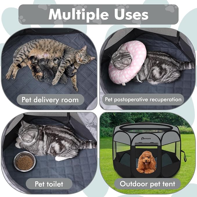 Persure Dog Cat Pet Playpen Puppy Crate Cage for Indoor Outdoor Travel | Nursing Rest Zone Recovering Pet Quarantine Room Portable Pop Up Easy to Set up lightweight Bag(Dark Grey with Pad,Small)