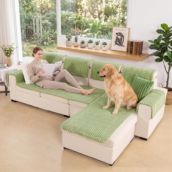 FUANGUI 2 Pack Waterproof Couch Cover for Dogs Pets Sofa Protector | Non-Slip Washable Fuzzy Soft Sofa Slipcover for 2 PCS L Shaped Sofa Pet Friendly, 27.6" x 70.9"+27.6" x 82.7", Grass Green