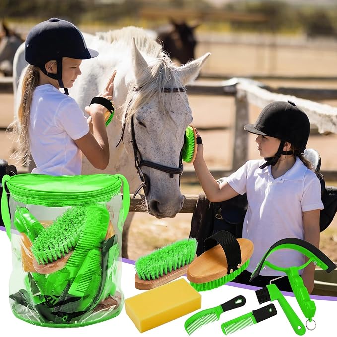 Cunhill 9 Pcs Horse Grooming Kit with Bag Curry Brushes,Cute,Green | Complete Grooming Set for Horses, Hard Soft Brushes, Hoof Pick, Sweat Scraper, Sponge, Comb, Portable Tote for Stable