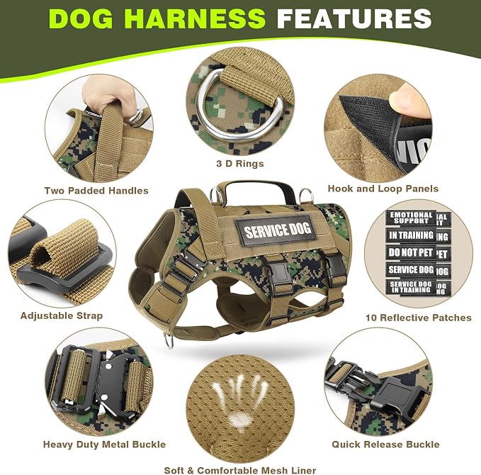 Service Dog Vest Harness for Large Dog, Tactical Working MOLLE Vest with 10 Pet Patches, No Pull Heavy Duty Harness for Training Hunting Walking