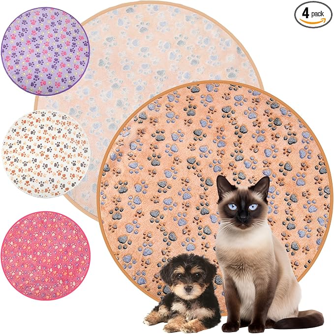 Tatuo 4 Pack Fleece Dog Blankets for Puppy Cats Multi-Size Sleep Mat for Pet Guinea Pig Soft Washable Warm Crate Bed Puppy Teething Toys Print Pattern Blanket Indoor(Mixed Color,Diameter 29 Inch,Paw)
