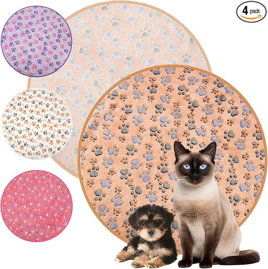 Tatuo 4 Pack Fleece Dog Blankets for Puppy Cats Multi-Size Sleep Mat for Pet Guinea Pig Soft Washable Warm Crate Bed Puppy Teething Toys Print Pattern Blanket Indoor(Mixed Color,Diameter 29 Inch,Paw)