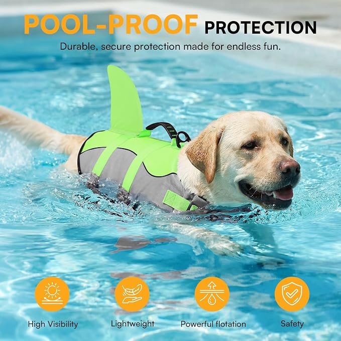 Dog Life Jacket Ripstop Shark Dog Safety Vest Adjustable Preserver with High Buoyancy and Durable Rescue Handle for Small,Medium,Large Dogs, Green Shark Large