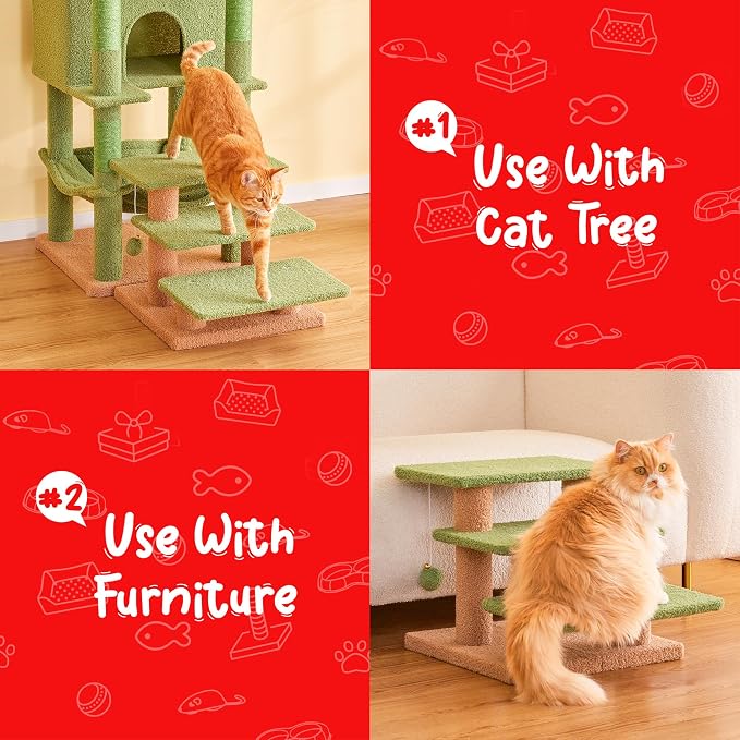 15''H Green Multi-Step Pet Stairs for High Beds & Sofas, 3-Step Cat Stairs with 2 Toy Balls, Wide Boards for Indoor Kittens Dogs Pets Climbing