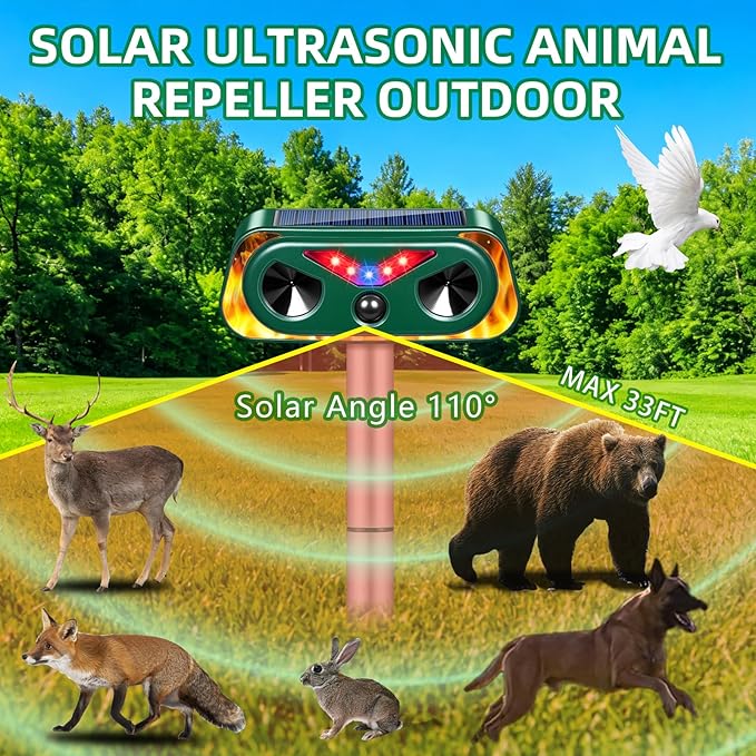 2026 Solar Ultrasonic Animal Repellent Outdoor Cat Deterrent Deer Repellent Devices,Upgraded Waterproof Dog Repeller with Motion Sensor,Flashing Lights,Scare Squirrels Rabbits Raccoons Skunks Garden