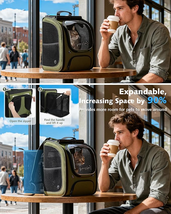 Pecute Cat Backpack Carrier,Large Space Cat Bubble Backpack,Ergonomic,Green | Expandable,Sunshade Curtain,Transparent Window,Safety Rope,Sturdy,Large Mesh on Both Sides for Breathability,for Outdoor,Vet