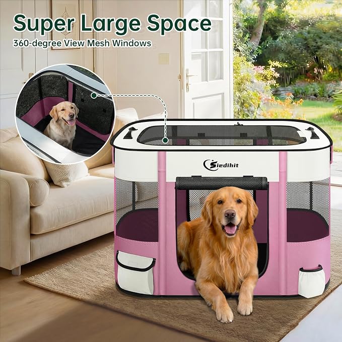 Siedihit Dog Playpen, Cat Pet Puppy Crate, Portable Playpens Indoor Outdoor (Pink, Large)
