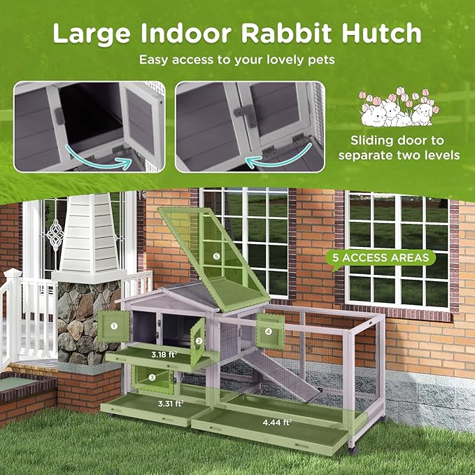 Gutinneen Large Indoor Rabbit Hutch Bunny Cage with Chew-Proof Ramp, Locking Leak-Proof Trays - Outdoor 62" Wooden Rabbit Cage with 6 Wheels for Rabbits, Guinea Pigs, Small Animals (Grey)