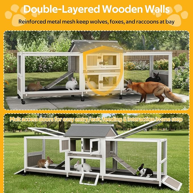 PetsCosset Outdoor Wooden Rabbit Hutch with Double Runs,Waterproof Asphalt Roof Bunny Cage with Raised Floor, Easy-Clean Design Pull Out Tray, Secure & Comfortable Hut for Rabbits