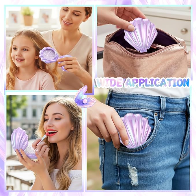 LemonRoad 24 Sets Mermaid Party Favors Shell Hair Brush with Mirror Card, Foldable Mini Travel Compact Hair Brush for Women Birthday, Bachelorette, Under The Sea, Beach Party Gifts(Purple)