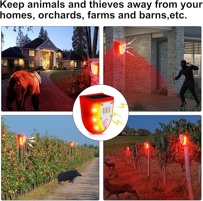 Qualirey 4 Pcs Solar Alarm Motion Detector with Sound Outdoor Motion Sensor 129db Barking Dog Strobe Light Gunshot Sound Alarm Detector Noise Maker Warning Lamp for Home Villa Yard Farm