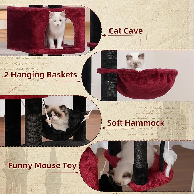 Gitelsnour Gothic Cat Tree for Large Cats, 78.7"(200cm) Tall Cat Tower for Indoor Cats Multiple Cats with Large Top Perch, Cat Condo, Cat Hammcok, Cat Scratching Post, Black and Red GCT031BR