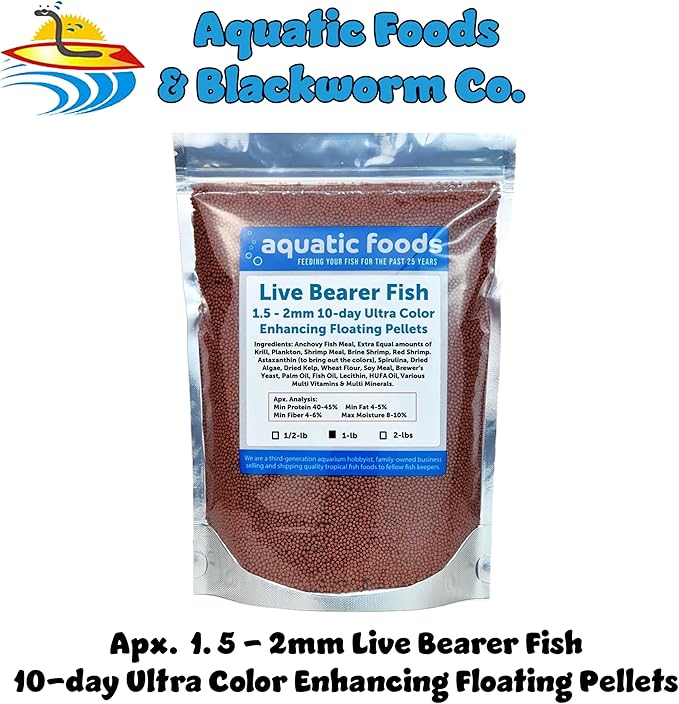Aquatic Foods Inc. Live Bearer Ultra Red Color Enhancing 1.5mm-2mm Floating Pellets. Color Enhancing in 10-Days for Swordtails, Platies, All Live Bearers…1-lb Bag