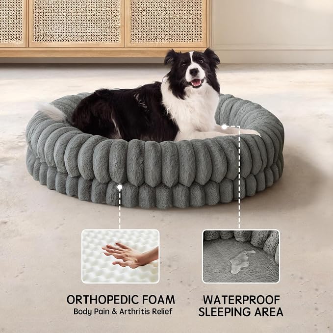 BALANCE Luxury Donut Dog Bed, 36 Inches Round Dog Beds Large Sized Dogs Washable, Orthopedic Calming Dogs Bed for Pets with Anti-Slip Bottom, Gray