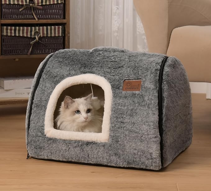 cat Bed cave-cat beds for Indoor Cats,Soft and Comfortable Cute cat House,with Removable Washable Cushioned Pillow,Enclosed pet Bed,Kitty cat hut、Hideaway,Small Large Dog Tent (Dark Grey)