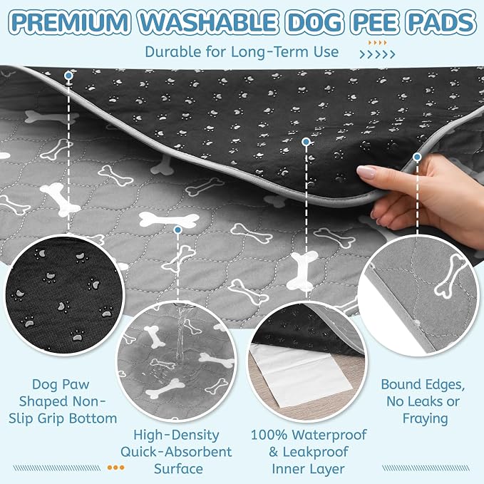 Washable Pee Pads for Dogs, 2 Pack Reusable Puppy Pads, 18"x24" | Super Absorbent, Waterproof & Leakproof, Non-Slip Bottom, Machine Washable, For Floors, Beds, Couches, Crates, Carpets, Cars