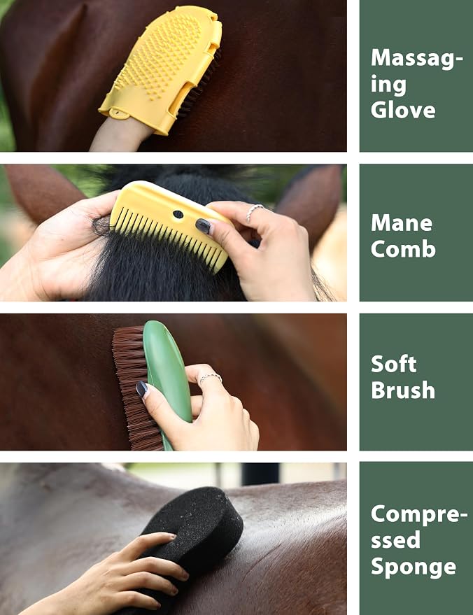 11-Piece Horse Grooming Kit with Waterproof Tote Pasture Glow | 10 coordinated horse grooming tools with comfort-grip designs and a spacious waterproof tote for complete horse grooming